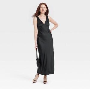 A New Day Satin Slip Deep V-Neck Maxi Dress, Black, XL, NWT